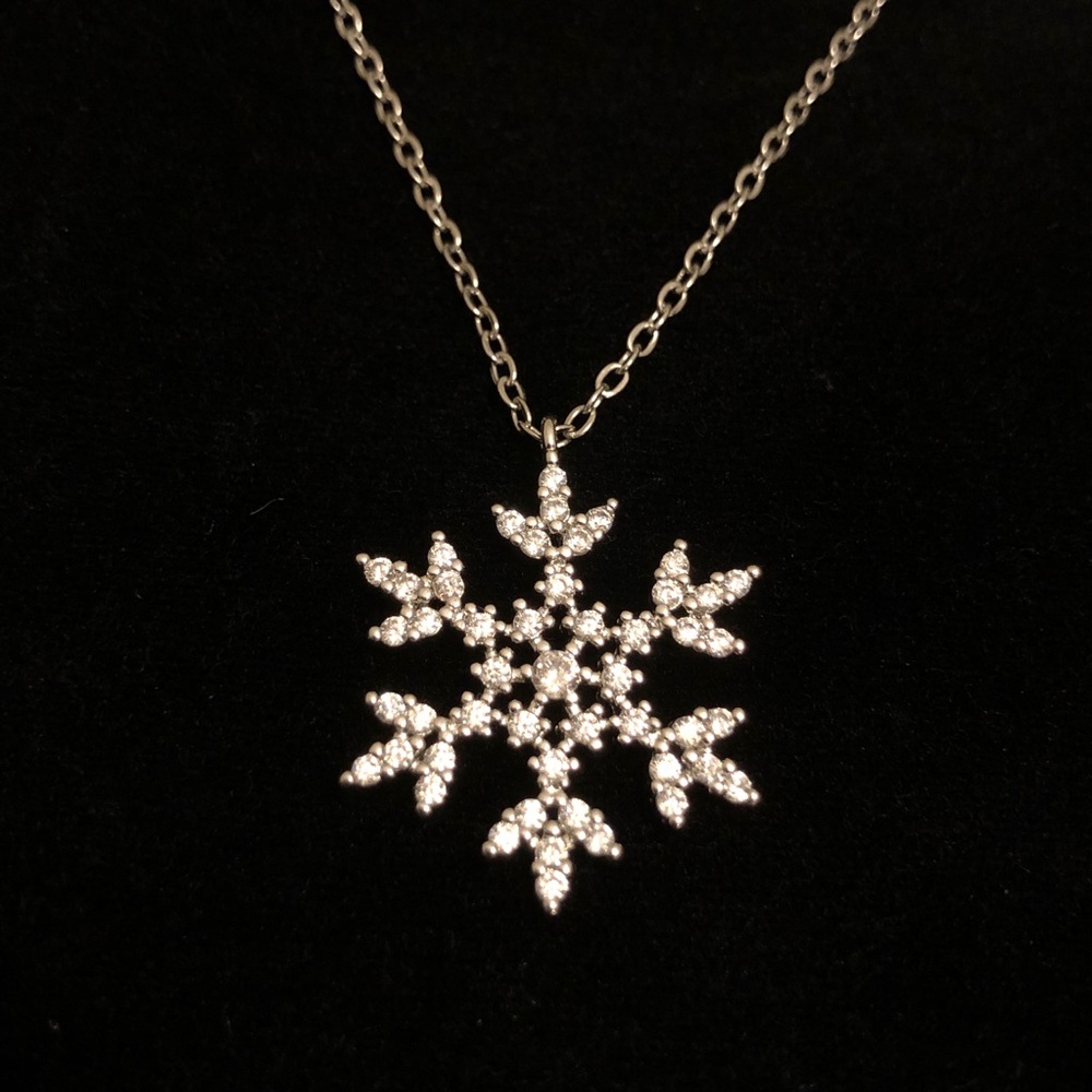 Silver Tone White Rhinestone Snowflake Pendant Necklace